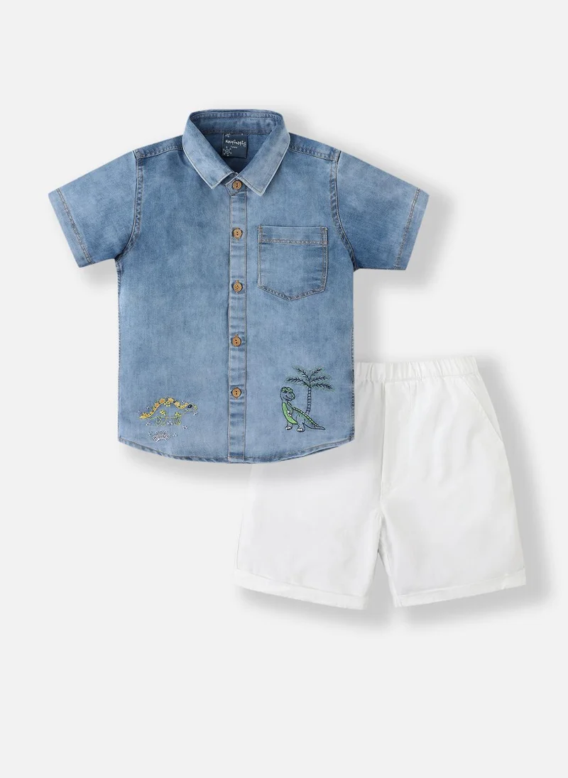 Nautinati Boys' Denim Shirt & Shorts Set with Dino Embroidery